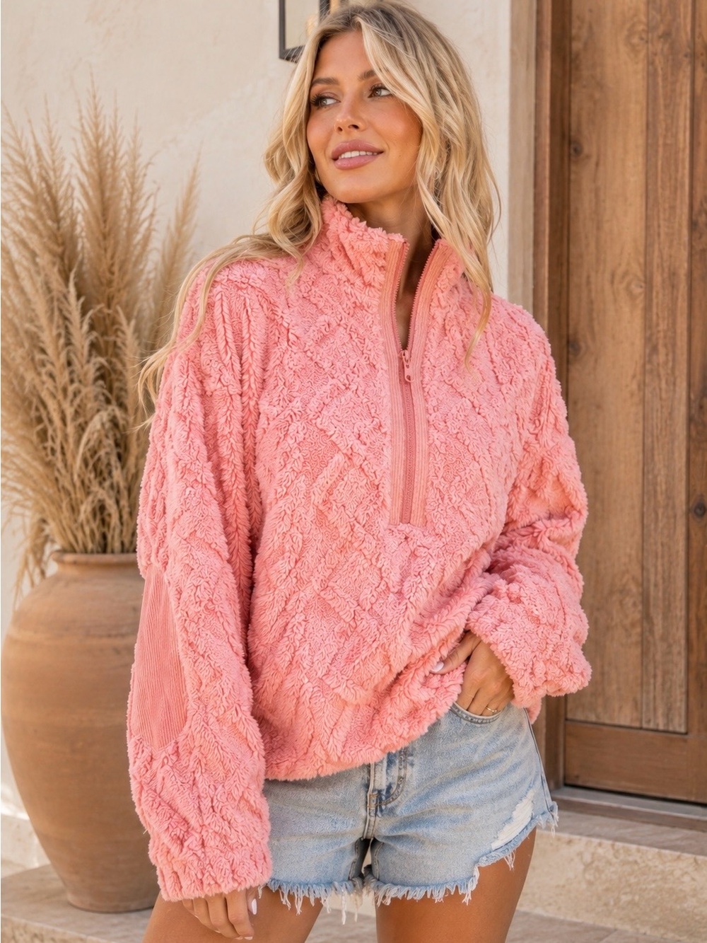 Blush Pink Plush Half Zip Pullover